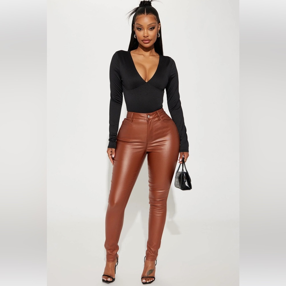 FASHION NOVA DOUBLE DARE FAUX LEATHER PANT - CAMEL